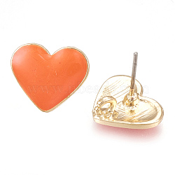 Alloy Enamel Stud Earring Findings, with Loop, Raw(Unplated) Pins, Heart, Light Gold, Orange, 11.5x13.5mm, Hole: 1.8mm, Pin: 0.7mm(PALLOY-T056-20D)