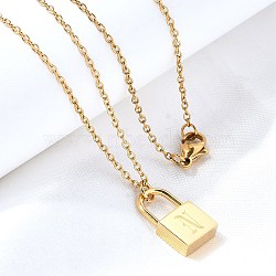 304 Stainless Steel Rolo Chain Pendant Necklaces, Padlock Necklaces for Women Men, Locks with Letter, Letter N, 17.64 inch(44.8cm)(NJEW-S444-01G-14)