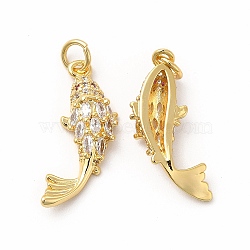 Rack Plating Brass Micro Pave Cubic Zirconia Fish Pendants, with Jump Ring, Long-Lasting Plated, Cadmium Free & Lead Free, Fancy Carp Charm, Real 18K Gold Plated, 23x8x4.5mm, Hole: 3.6mm(KK-H436-09G)