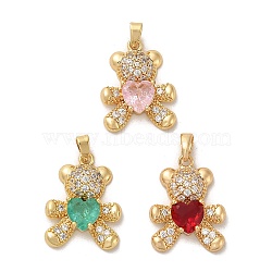 Brass Micro Pave Cubic Zirconia Pendants, Glass Bear Charms, Real 18K Gold Plated, Mixed Color, 21x16x5mm, Hole: 5x3mm(KK-C037-13G)