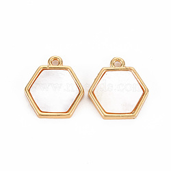 Natural Shell Charms, with Brass Findings, Long-Lasting Plated, Cadmium Free & Lead Free, Hexagon, Light Gold, 14.5x13.5x2mm, Hole: 1.2mm(KK-T060-70-RS)