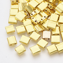 Electroplate Glass Seed Beads, 2-Hole, Square, Golden Plated, 5x4.5~5.5x2~2.5mm, Hole: 0.5~0.8mm(X-SEED-S023-20C-06)