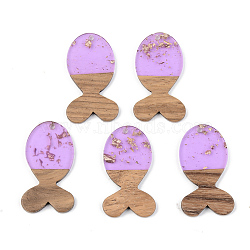 Transparent Resin & Walnut Wood Pendants, with Gold Foil, Fish, Lilac, 38x22x3mm, Hole: 2mm(RESI-S389-053A-B01)
