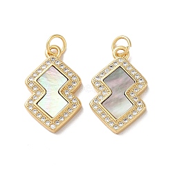 Brass Micro Pave Cubic Zirconia Pendants, with Shell, Real 18K Gold Plated, Polygon, Light Grey, 20.5x12.5x2.5mm, Hole: 3mm(KK-B083-19G-01)