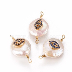 Natural Pearl Links connectors, with Cubic Zirconia and Brass Findings, Flat Round with Eye, Golden, Dark Blue, 19~23x10~12x6~9mm, Hole: 1.6mm(PEAR-I005-12C)