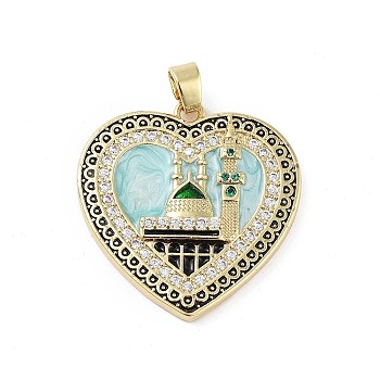 Rack Plating Brass Micro Pave Clear Cubic Zirconia Pendants, with Enamel, Long-Lasting Plated, Lead Free & Cadmium Free, Heart with Castle Charms, Light Cyan, 28x27.5x4mm, Hole: 3.5x5mm
