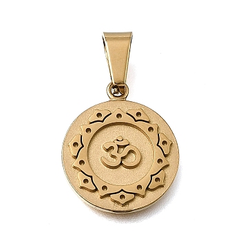 304 Stainless Steel Pendants, with 201 Stainless Steel Snap On Bails, Flat Round with Lotus Pattern Charms, Ion Plating(IP), Golden, 18x15x2mm, Hole: 7x3.5mm