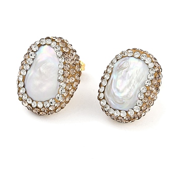 Rack Plating Oval Brass With Rhinestone & Natural Pearl Handmade Indonesia Stud Earrings, Long-Lasting Plated, Dark Goldenrod, 23.5x19mm