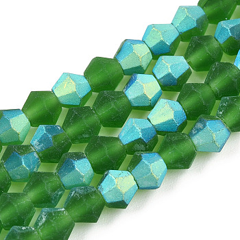 Imitate Austrian Crystal Bicone Frosted Glass Beads Strands, Grade AA, Faceted, Green, 4x4mm, Hole: 1mm, about 87~89pcs/strand, 13.19~13.39 inch(33.5~34cm)