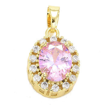 Brass Micro Pave Cubic Zirconia Pendants, Long-Lasting Plated, Real 18K Gold Plated, Oval, Pearl Pink, 15x11x7mm, Hole: 5x3mm