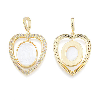 Brass Micro Pave Clear Cubic Zirconia Pendants, with Shell, Nickel Free, Real 18K Gold Plated, Heart, Creamy White, 37x30x3.5mm, Hole: 4x8mm
