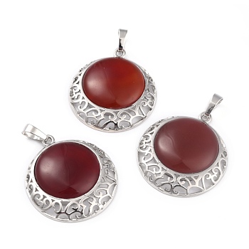 Natural Red Agate Pendants with Hollow Platinum Brass Findings, Flat Round, 33.5x30x6mm, Hole: 8x5mm