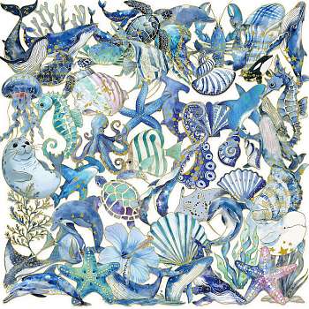 50Pcs Sea Animals PET Cartoon Stickers, Self-adhesive Decals, for Suitcase, Skateboard, Refrigerator, Helmet, Sky Blue, 50~75x40~63x0.1mm