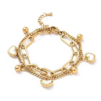 Shell Heart and Round Ball Charm Multi-strand Bracelet, Vacuum Plating 304 Stainless Steel Double Layered Chains Bracelet for Women, Golden, 7-1/2 inch(19cm)