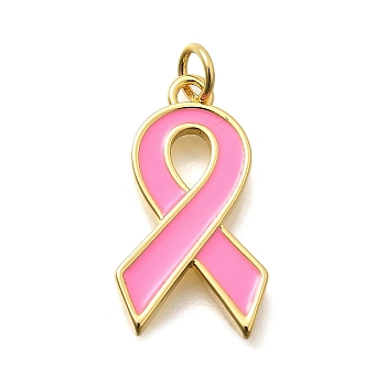 Brass Enamel Pendants, with Jump Ring, Cadmium Free & Lead Free, Long-Lasting Plated, Rack Plating, October Breast Cancer Pink Awareness Ribbon Charm, Real 18K Gold Plated, 23x13x2.5mm, Hole: 3.5mm