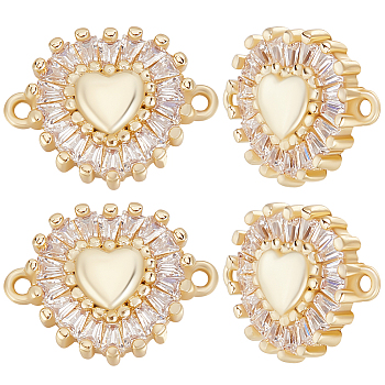6Pcs Brass Pave Clear Cubic Zirconia Connector Charms, Heart Links, Golden, 14x18x3.5mm, Hole: 1.2mm