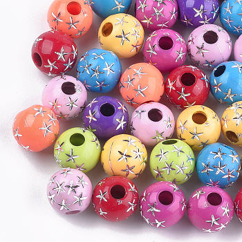 Plating Acrylic Beads, Metal Enlaced, Round with Star, Mixed Color, 12x11mm, Hole: 4mm, about 550pcs/500g