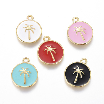 Golden Plated Brass Enamel Pendants, Flat Round with Coconut Tree, Mixed Color, 16x13x2mm, Hole: 1.5mm