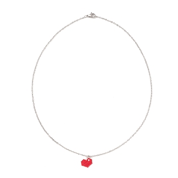 Glass Seed Heart Pendant Necklaces, 304 Stainless Steel Necklace, Red, 17.80 inch(45.2cm)