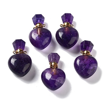 Natural Amethyst Perfume Bottle Pendants, Heart Essentail Oil Diffuser Faceted Bottle Charms with Golden Tone Stainless Steel Findings, for Jewelry Making, 33~33.5x21x13mm, Hole: 1.8mm