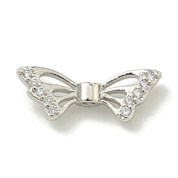 Rack Plating Brass Micro Pave Cubic Zirconia Bead, Long-Lasting Plated, Lead Free & Cadmium Free, Butterfly, Platinum, 6.8x18x3.5mm, Hole: 1.2mm