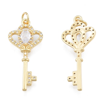 Brass Micro Pave Clear Cubic Zirconia Pendants, with Jump Rings, Key, Real 18K Gold Plated, 32x14x4mm, Hole: 3mm
