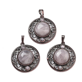 Natural Rose Quartz Pendants, Brass Hollow Flat Round Charms, Cadmium Free & Lead Free, Red Copper, 33.5x30.5x9.5mm, Hole: 8x5mm