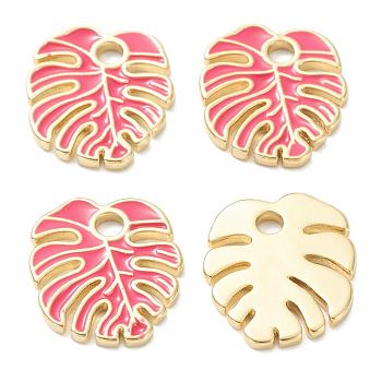 Brass Enamel Pendants, Real 18K Gold Plated, Long-Lasting Plated, Leaf, Pale Violet Red, 18x16x1.5mm, Hole: 2.5mm