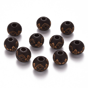 Painted Natural Wood Beads, Laser Engraved Pattern, Round with Flower Pattern, Coconut Brown, 10x9mm, Hole: 3mm