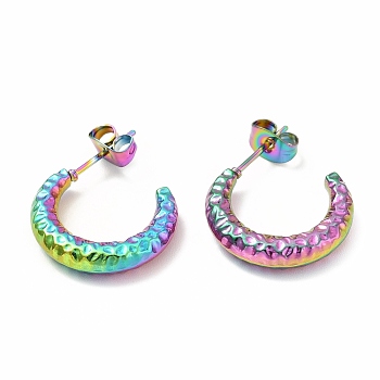 Ion Plating(IP) 304 Stainless Steel Crescent Moon Stud Earrings, Half Hoop Earrings for Women, Rainbow Color, 14x18x3.5mm, Pin: 0.7mm