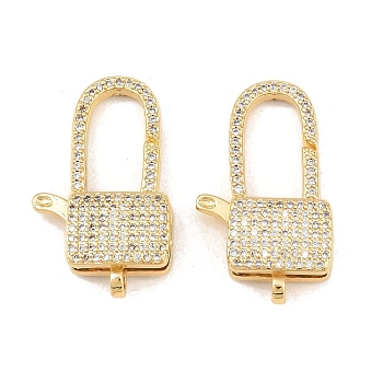 Square Brass Micro Pave Clear Cubic Zirconia Lobeter Claw Clasps, Long-Lasting Plated, Rack Plating, Lead Free & Cadmium Free, Real 18K Gold Plated, 29x13x6mm, Hole: 1.9mm