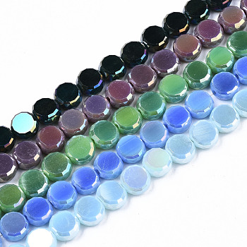 Electroplate Opaque Solid Color Glass Beads Strands, AB Color Plated, Faceted, Flat Round, Mixed Color, 8x4mm, Hole: 1.5mm, about 99~101pcs/strand, 27.76 inch~28.94 inch, (70.5cm~73.5cm)