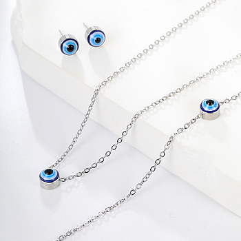 Evil Eye Stainless Steel Stud Earring & Bracelets & Necklaces Set, with Enamel, Stainless Steel Color, Necklaces: 420mm; Bracelets: 170mm; Earring: 7mm