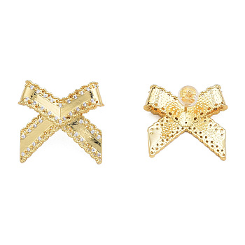 Cubic Zirconia Bowknot Stud Earrings, Golden Brass Jewelry for Women, Nickel Free, Clear, 22x23mm, Pin: 0.7mm