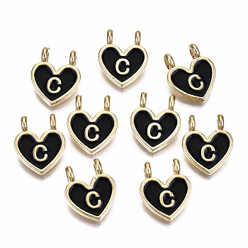 Alloy Enamel Charms, Cadmium Free & Lead Free, Heart with Initial Letters, Light Gold, Black, Letter.C, 14.5x11.5x4.5mm, Hole: 2mm