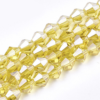 Electroplate Glass Beads Strands, Pearl Luster Plated, Faceted, Bicone, Gold, 6x5.5~6mm, Hole: 1mm, about 44~47pcs/strand, 11.02 inch