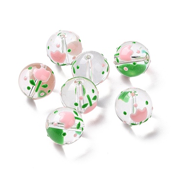 Transparent Glass Beads, with Enamel, Round, Pink, Flower Pattern, 14~15x13~13.5mm, Hole: 1.5~1.6mm