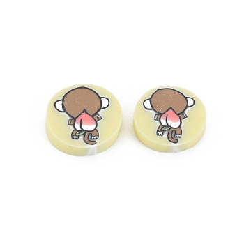 Handmade Polymer Clay Cabochons, Flat Round with Monkey, Light Goldenrod Yellow, 9~9.5x1.5~2mm, about 5800pcs/1000g