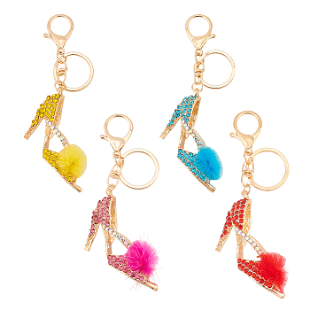 AHADERMAKER 4Pcs 4 Colors Fur Ball High Heels Shoes Rhinestones Pendant Keychain, with Iron Finding, Mixed Color, 13~13.5cm, 1pc/color