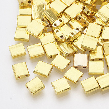 Electroplate Glass Seed Beads, 2-Hole, Rectangle, Golden Plated, 5x4.5~5.5x2~2.5mm, Hole: 0.5~0.8mm
