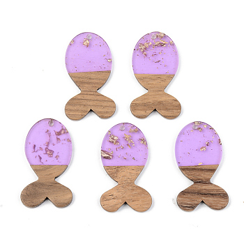 Transparent Resin & Walnut Wood Pendants, with Gold Foil, Fish, Lilac, 38x22x3mm, Hole: 2mm