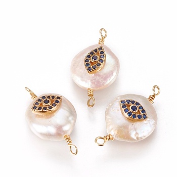 Natural Pearl Links connectors, with Cubic Zirconia and Brass Findings, Flat Round with Eye, Golden, Dark Blue, 19~23x10~12x6~9mm, Hole: 1.6mm