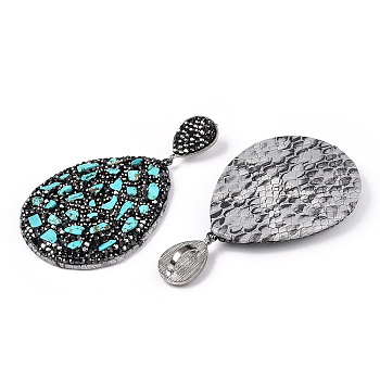 Synthetic Turquoise Big Pendants, with Polymer Clay Rhinestone, PU Leather and Gunmetal Plated Alloy Findings, Teardrop, 64x48x8~9mm, Hole: 4.5x10mm