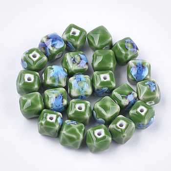Handmade Porcelain Beads, Fancy Antique Glazed Porcelain, Cube , Green, 13x13~14x13~14mm, Hole: 2mm