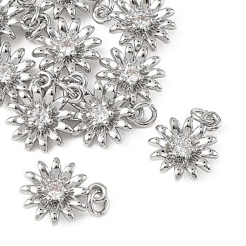 SHEGRACE Brass Micro Pave Clear Cubic Zirconia Pendants, Cadmium Free & Nickel Free & Lead Free, Flower Charms, Platinum, 12.5x10x3mm, Jump Ring: 4x1mm, Inner Diameter: 2mm