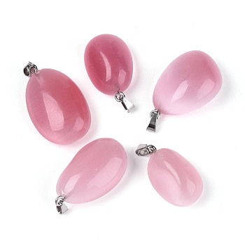 Cat Eye Pendants, Nuggets Charms, with 201 Stainless Steel Snap on Bails, Stainless Steel Color, Flamingo, 24~37x15~24x7~20mm, Hole: 6x2.5mm