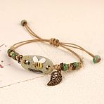 Adjustable Handmade Porcelain Flower Beads Braided Beads Bracelets, Alloy Leaf Charm Bracelets for Women, Olive Drab, 7-1/8 inch(18cm)(WGFB2A7-08)