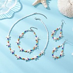 Starfish Synthetic Turquoise & Glass Beaded Bracelets & Earrings & Necklaces, 304 Stainless Steel & Zinc Alloy Jewelry Sets, Colorful, 81.5x36mm(SJEW-JS01369)