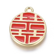 Alloy Enamel Chinese Symbol Pendants, Flat Round with Chinese Character Happiness, Light Gold, Red, 20.5x17.5x2mm, Hole: 1.6mm(PALLOY-I166-36KCG)