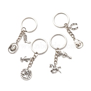 Tibetan Style Alloy Keychains, with 304 Stainless Steel & Iron Findings, Cowboy Theme, Mixed Shapes, Antique Silver, 6.5~7.7cm(KEYC-JKC00350)
